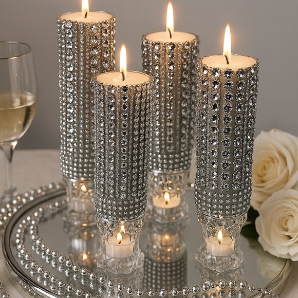 Set of 4 Handmade Silver Rhinestone Candle Holders – Elegant Sparkling Centerpie - Picture 1 of 2